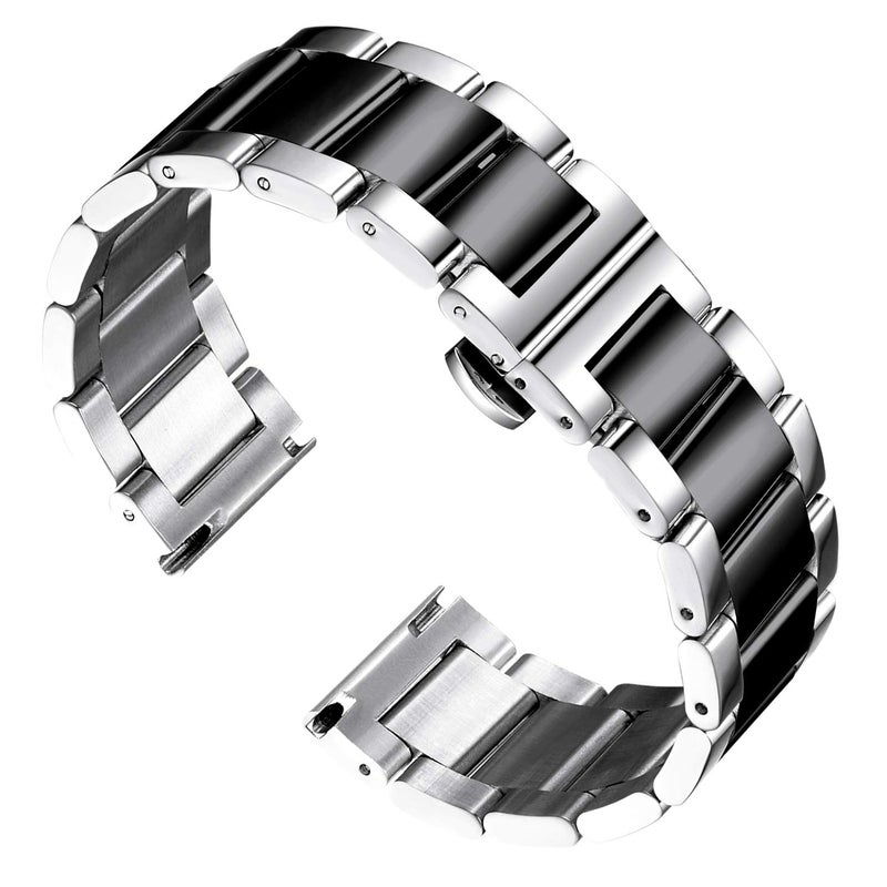 BINLUN Thick Stainless Steel Watch Band Metal Heavy Polished Matte Brushed Finish Watch Strap Replacement for Men Women 16mm/18mm/20mm/21mm/22mm/23mm/24mm/26mm(Polished Silver and Black,26mm) - Image 1